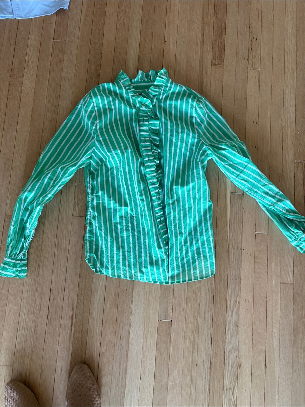 Talbots Green and White Striped Cotton Ruffle Front Blouse